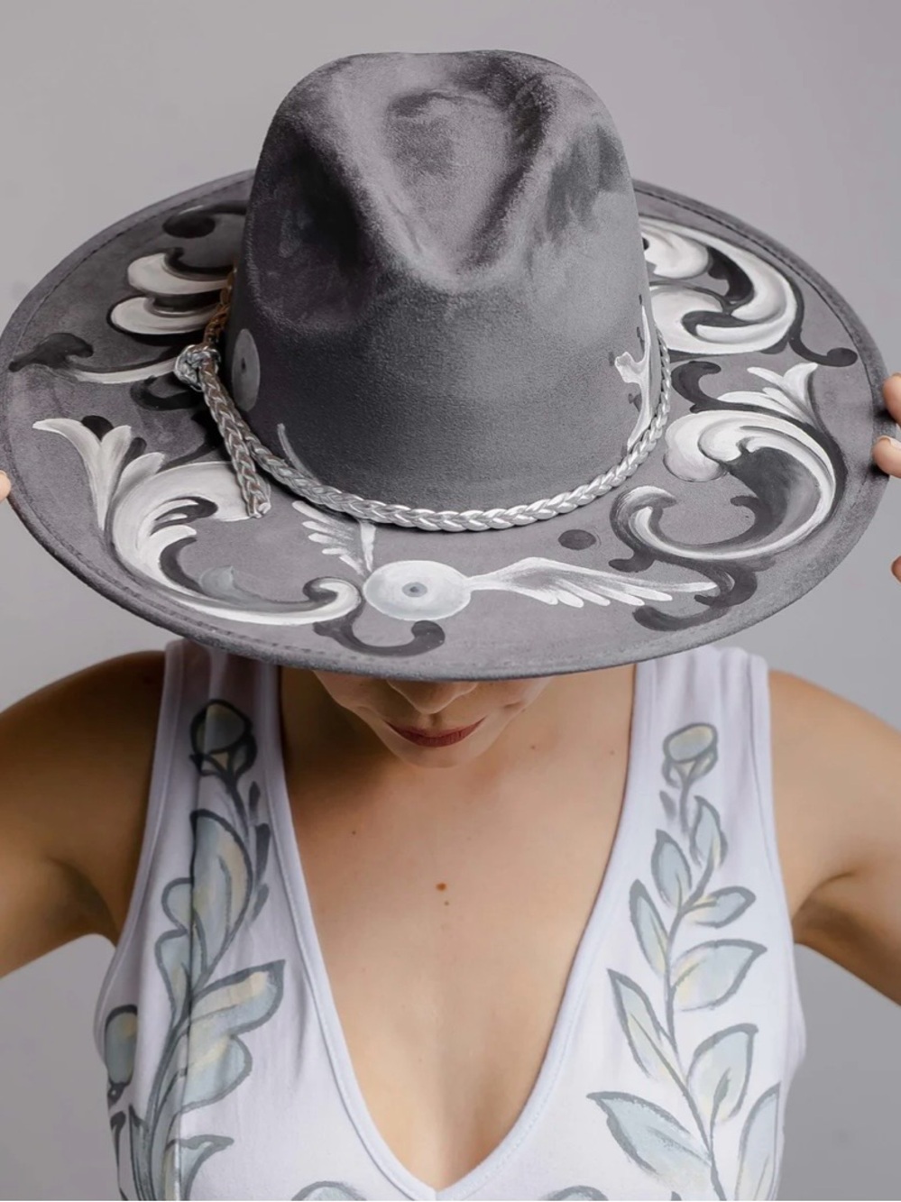 Hand-Painted Gray Western Fedora Hat with Silver Braid